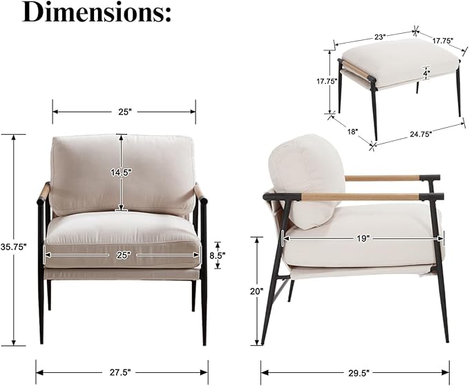 DUOMAY Mid Century Modern Accent Chair with Ottoman Set Chenille Beige Upholstered Living Room Chair with Metal Legs Lazy Lounge Chair Set with Footrest for Bedroom Living Room
