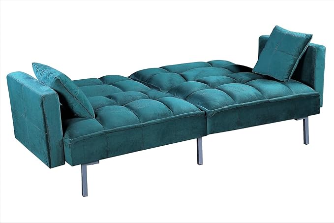 Regal 75.6 Velvet Convertible Sofa Bed - Mid-Century Sleeper Couch w/Tufted Design &amp Metal Legs - Pull-Out Futon for Guests/Home (75.6 W x 34.6 D x 32 H) Blue