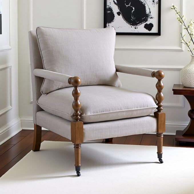 Beige Upholstered Accent Chair with Casters Perfect Armchair for Living Room Small Living Room Chair Stylish and Comfortable Arm Chairs