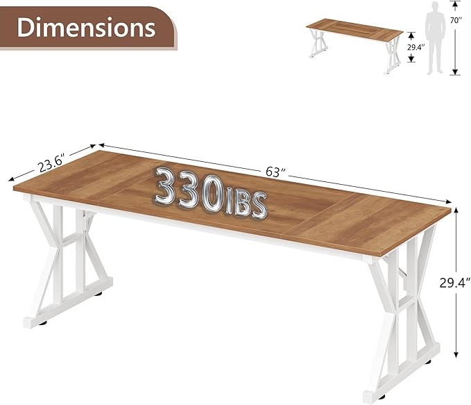 TVU Computer Desk 63 inch Large Office Desk Study Writing Table with Thicken Frame Gaming Desk Modern Simple Desk for Home Office Brown