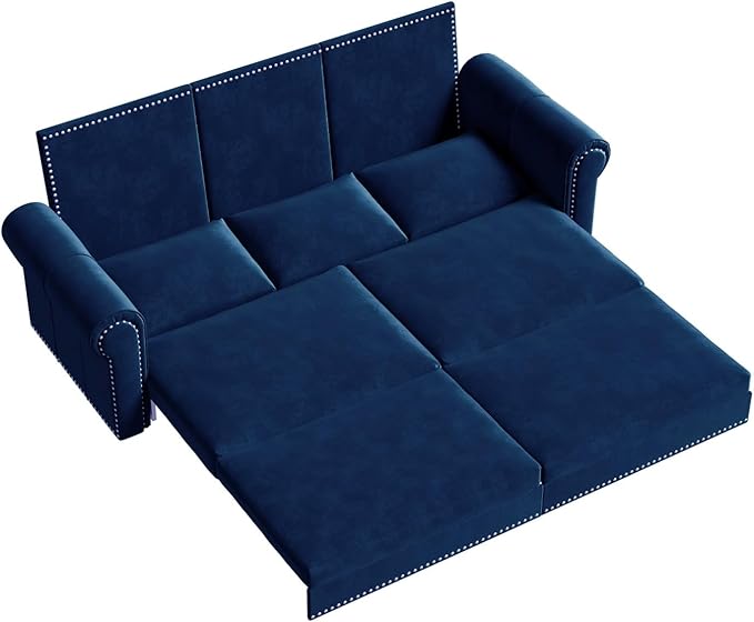 93.7 King Size Chesterfield 3-seat Pull Out Sofa Bed Velvet Couch Bed with Nailhead Trim and Rolled Arm 3-in-1 Sleeper Sofa for Living Room Apartment Office Blue