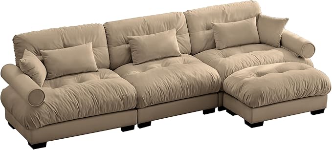 Velvet Modular Sectional Sofa3-Seater Cloud Couch with OttomanPillows and High Density Memory Foam for Living Room Home TheaterApartment（Camel）
