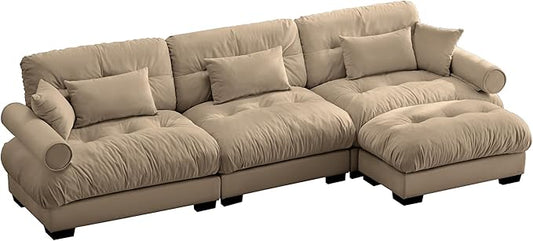 Velvet Modular Sectional Sofa3-Seater Cloud Couch with OttomanPillows and High Density Memory Foam for Living Room Home TheaterApartment（Camel）