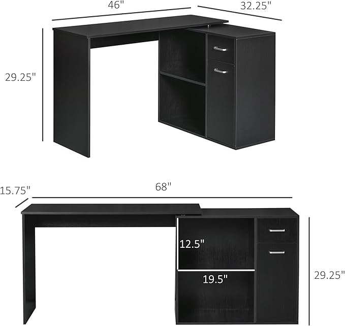 HOMCOM L Shaped Computer Desk 180° Rotating Corner Desk with Storage Shelves Drawer and Cabinet Study Workstation for Home Office Black