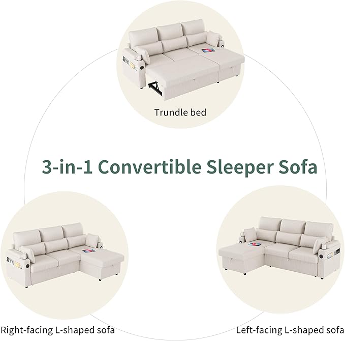 Sectional Sleeper Sofa with Pull Out Couch Bed with Storage Chaise for Living Room Comfy Linen Modular Sectional Sofa with Dual USB &amp Type-C Cup Holders (Beige 81 Inches)