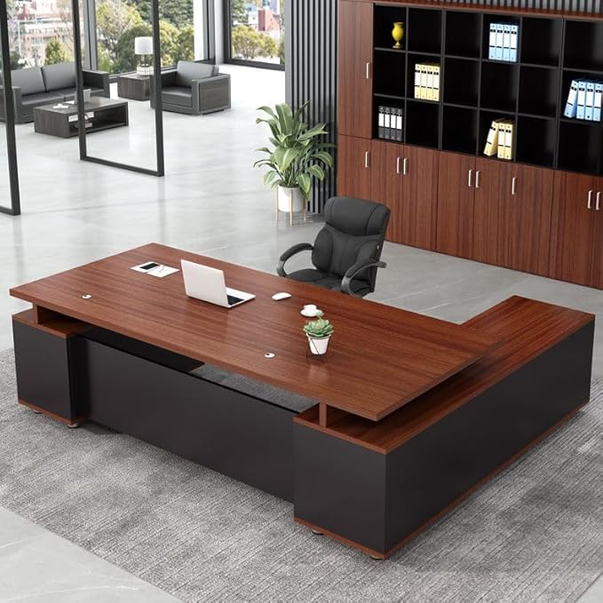 RUNNUP L-Shaped Executive Desk Contemporary Office Desk with Drawers and Cable Management Long Home Writing Desk Dark Brown 63 L x 47 W x 31.5 H Table Only