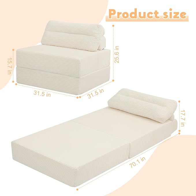 MeMoreCool Folding Sofa Bed – Convertible Sleeper Chair with Pillow Beige 31.5″ × 70.1″ Shredded Foam Lounge Chair for Living Room Bedroom Small Spaces | Headrest &amp Lumbar Support Corded Fabr