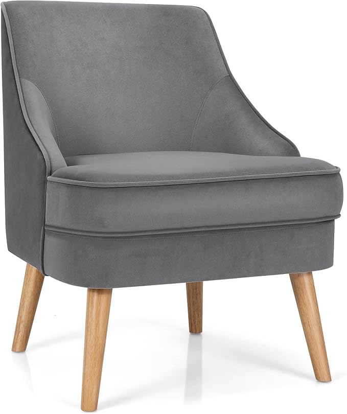Giantex Velvet Accent Chair Mid Century Single Sofa Chair w/Rubber Wood Legs Comfy Slipper Chair Upholstered Armless Leisure Side Chair for Living Room Bedroom Meeting Room Grey