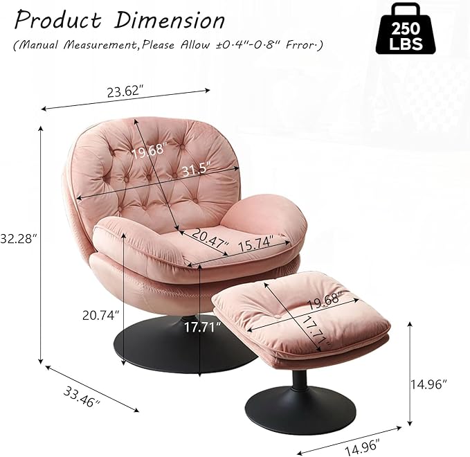 Swivel Accent Chair with Ottoman Set Velvet Modern Lounge Chair with Metal Base Frame &amp Footrest Comfy Lazy Single Leisure Armchair Reading Chair with 360 Swiveling For Living Room/Bedroom/Pink