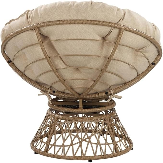 Pemberly Row Papasan Chair Cream Round Pillow Cushion Natural Resin Wicker Weave Metal Frame 360° Swivel 40 W x 36 D x 35.25 H Accent Chair for Living Room Family Room or Dorm