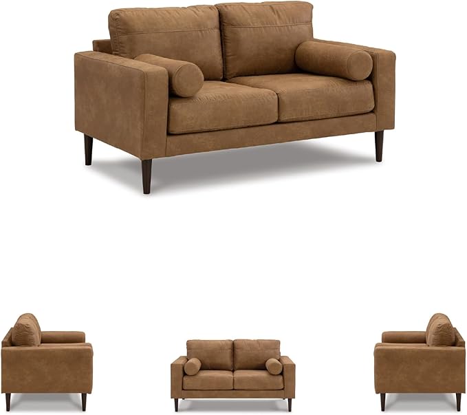 Signature Design by Ashley Telora Modern Faux Leather Loveseat with 2 Bolster Pillows Dark Brown