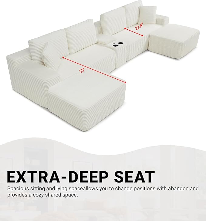 125 Oversized Modular Sectional Sofa Deep Seat Cloud L-Shaped Corduroy Couch with Cup Holders USB Ports &amp Storage Box Upholstered Sleeper Sofa for Living Room No Assembly Required (Beige)