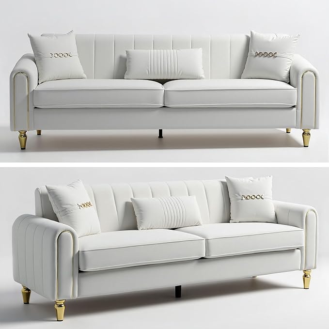 87.5 Modern 3-Seater Velvet Couch with Metal Legs &amp Decorative Pillows High Resilience Sponge Spring Seat Luxury Sectional Loveseat Sofa for Living Room Apartment Small Space Beige