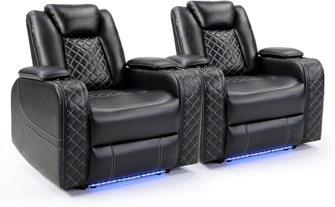CANMOV Electric Power Recliner Chair Set of 2 with USB/Type-C Ports and Ambient LightingBreathable Faux Leather Home Theater Seating with Adjustable HeadrestCup HoldersHidden Arm StorageBlack