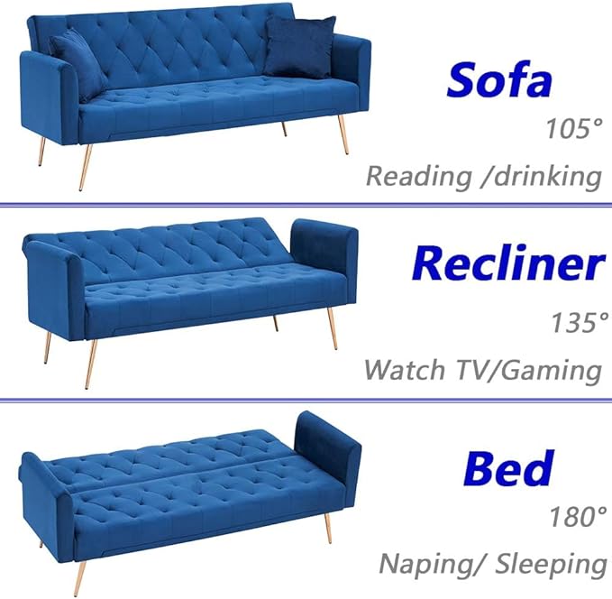 71 Convertible Folding Sleeper Sofa CouchModern Velvet Loveseat Sleeper with 2 Pillows Futon Sofa Bed with Mattress and Frame for Living RoomBedroomSmall Space (Blue)