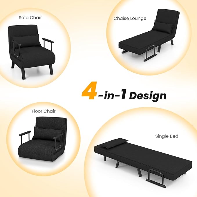 Giantex Convertible Sleeper Chair Bed 4-in-1 Sofa Bed with 6-Position Adjustable Backrest &amp Metal Legs Cozy Chaise Lounge Couch for Adults Folding Armchair for Living Room Office Guest Room (Bl