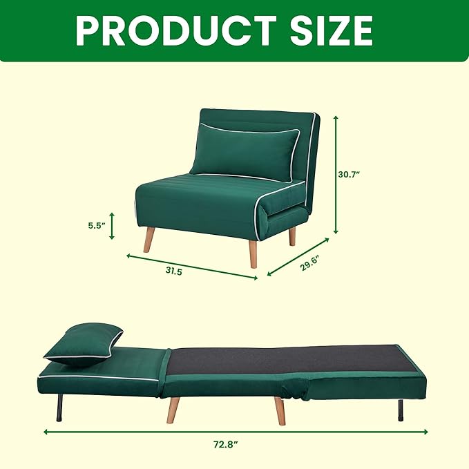 3-in-1 Convertible Sleeper Chair Futon Sofa Bed with Pillow &amp Adjustable Backrest Recliner Sleeper Sofa for Small Spaces Living Room Bedroom or Office Green