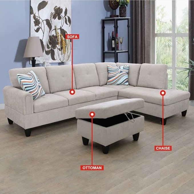 Grey White L-Shaped 3-Piece Flannel Sofa with Storage Ottoman Set Sectional Couch Sofa Set for Living Room Office Small Space