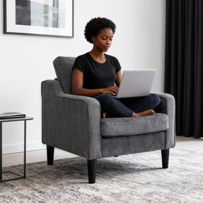 Accent Chair for Living Room Mid-Century Armchairs for Small Spaces Chenille Upholstered Comfy Reading Armchair with Studded for Bedroom (Grey-A)