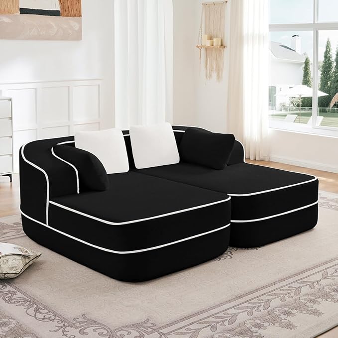 Boneless Sectional Couch with Memory Foam &amp Deep Seat Modular Sectional Sofa with Teddy Fabric for Living Room Cloud Couch with Facing Chaise No Assembly Required (Black2 L-Shaped Chaise)