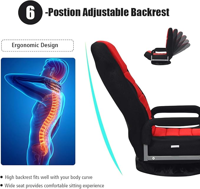 Giantex Floor Chair 360 Degree Swivel Chair with Adjustable Backrest Lumbar Support Armrest Foldable Lazy Sofa Rocker for TV Reading Playing Video Games Black/Red