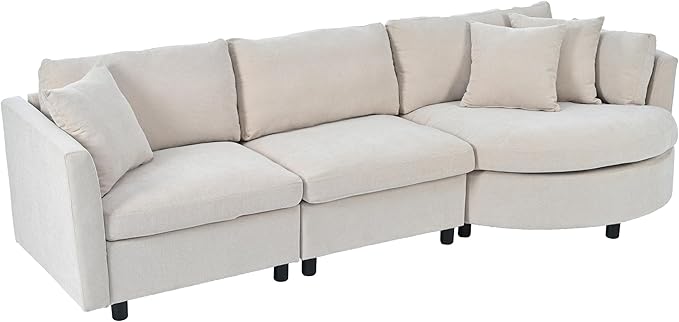kevinplus 105.5'' Sectional Sofa Couch for Living Room Modern Contemporary 3-Seat Upholstered Sectional Couch Sofa with Curved Seat for Apartment Home Office Chenille Fabric Beige