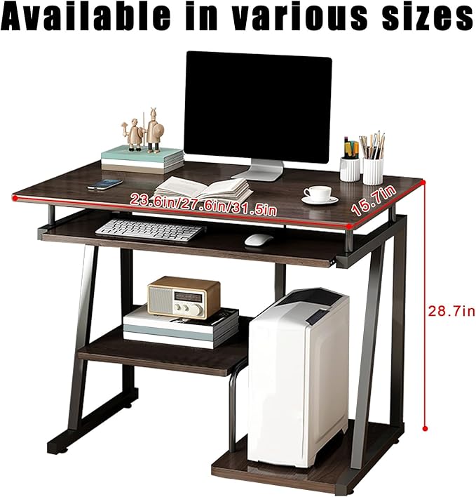 Small Computer Deskthree-layer computer desk with keyboard tray and host tray modern style compact computer desk suitable for home office small apartment and other scenes(Brown31.5in*15.7in*28.7i