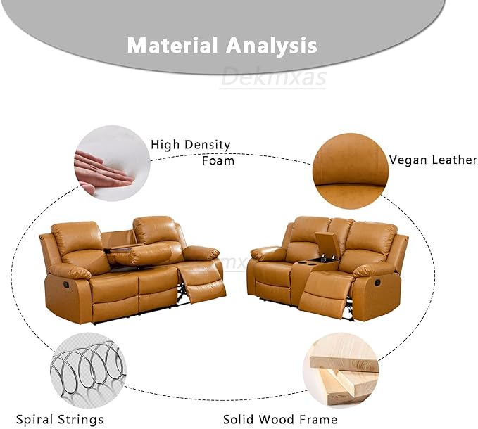 2PCS Reclining Couch Living Room Furniture Sets Manual Recliner Sofa Set Bonded Leather Sofa and Loveseat with Drop-down Table/Cup Holders/Storage Console for Home/Office/Rv Car (GingerSofa+Loveseat)