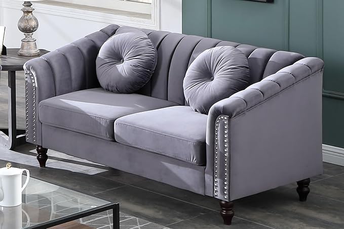 Chesterfield Loveseat Couch 60 Inch Luxurious Velvet Modern Love Seat Chesterfield Settee Sofa Upholstered Rolled Arm with Rivets/2 Button Tufted Pillow 2 Seater Sofa for Living RoomGray