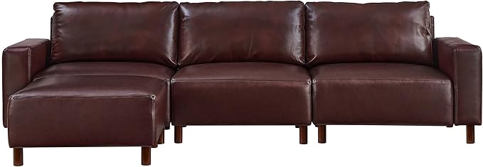 KEIKI PU Leather Sectional Couch Sofa Set Luxury 4 Seater Modular Sleeper Couches with Ottoman Corner Comfy Convertible L-Shaped Sofabed for Office Living Room Lounging Easy Assembly Burgundy