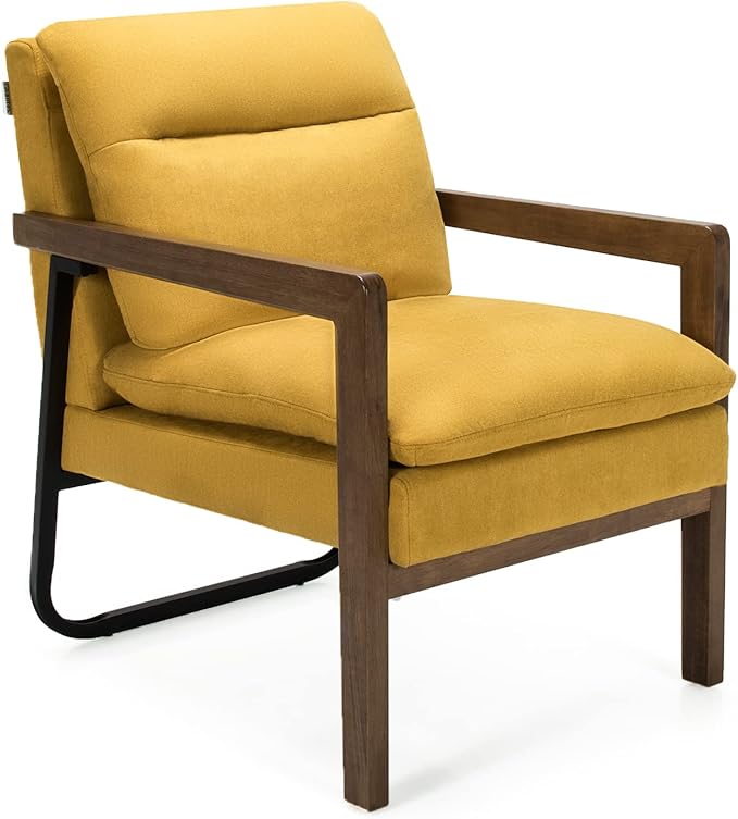 GOFLAME Mid-Century Accent Sofa Chair Modern Linen Fabric Armchair with Extra-Thick Padded Backrest and Seat Cushion Single Sofa Chair for Living Room Bedroom Office Guest Room Yellow