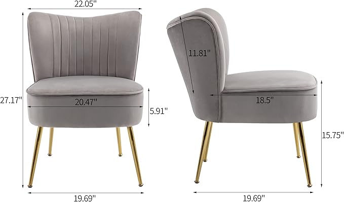 KCC Modern Velvet Upholstered Accent Chair Set of 4Mid Century Living Room Chairs with Golden LegsComfy Armless Chair Wingback Single Sofa Side Chair for BedroomLight Gray