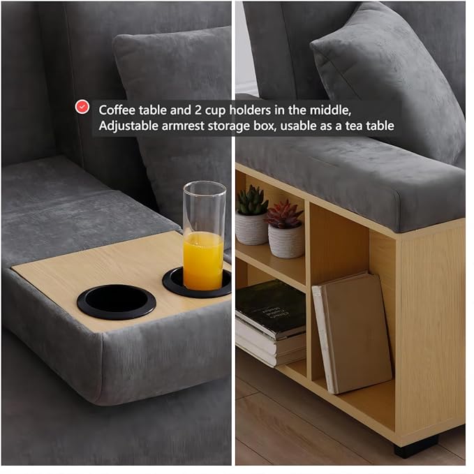 Sofa 84.65 Convertible Sofa Bed with Storage Ottoman Adjustable Armrest &amp Coffee Table - Perfect for Small Apartments 2 Drawers Soft Cotton Linen Fabric Solid Wood FrameGray