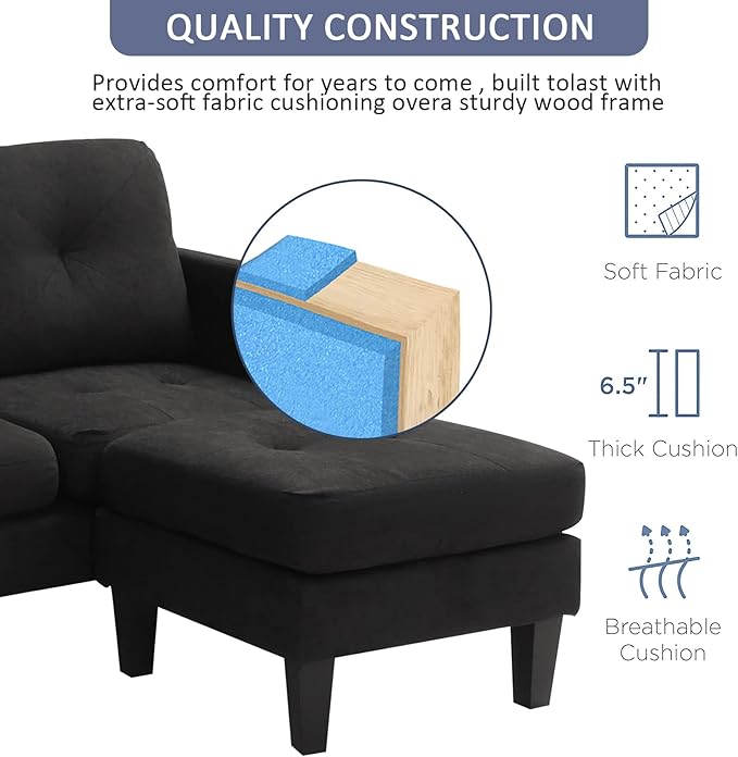 Grepatio Convertible Sectional Sofa Couch 3 Seat L-Shaped Sofa Couch with Modern Linen Fabric for Small Space Living Room (Black)