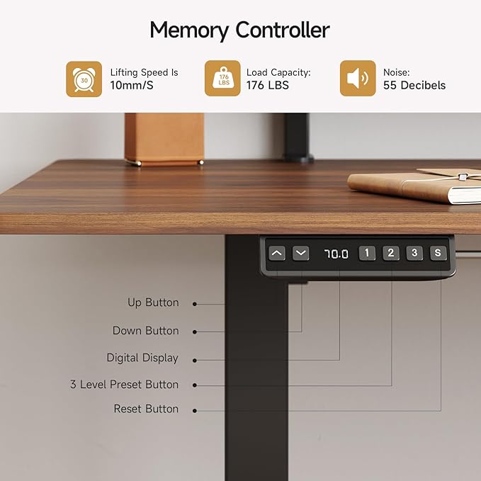 ONBRILL Standing Desk with 2 Adjustable Monitor Shelves 71 x 24 Inches Electric Stand Up Desk with Memory Controller and Adjustable Height from 28-46 inches for Computer Workstations Walnut