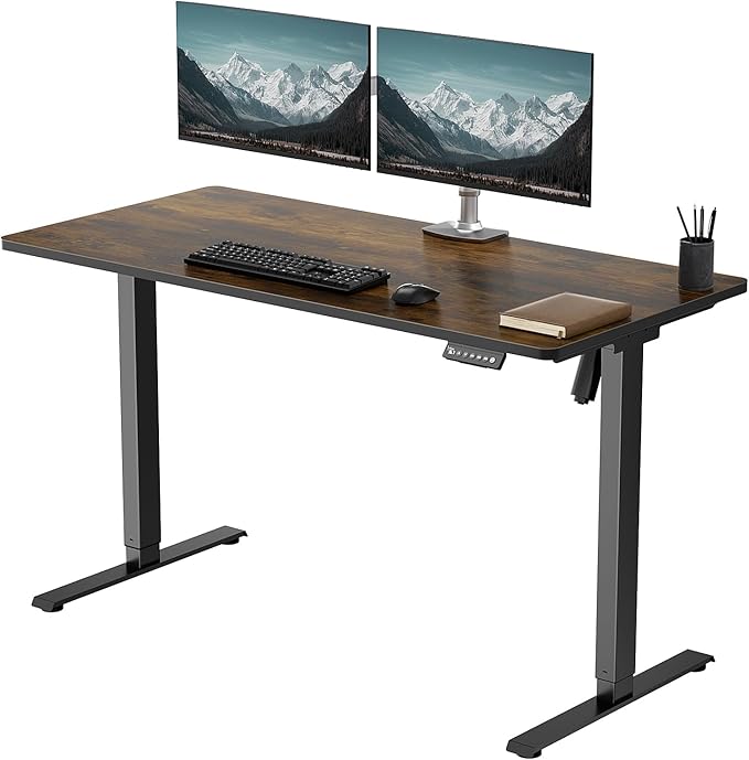 48 x 24 in One-Piece Electric Standing Desk Adjustable Height Sit to Stand Up Desk for Home Office Work &amp Study Black Frame &amp Brown Desktop (2 Packages)