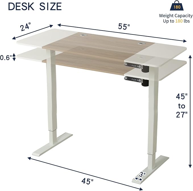 55” Electric Desk – Modern Height Adjustable Workstation with Quiet Motorfor Office or Studio