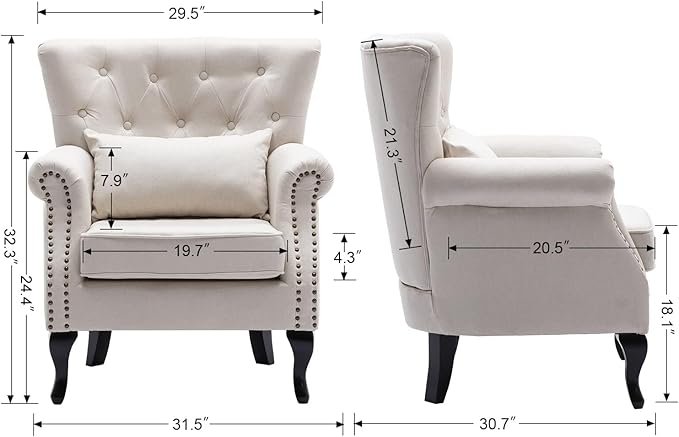 chairus Mid-Century Modern Accent Chair Comfy Tufted Single Sofa Chair Wingback Armchair with Pillow for Club Living Room Bedroom - Linen Beige