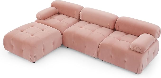 Bellemave L-Shape Sofa Couch Modular Sectional Sofa with Reversible Ottoman Velvet Upholstered Free Comnination Couch with Button Tufted Design Modern Oversized Couch for Living Room (Pink)