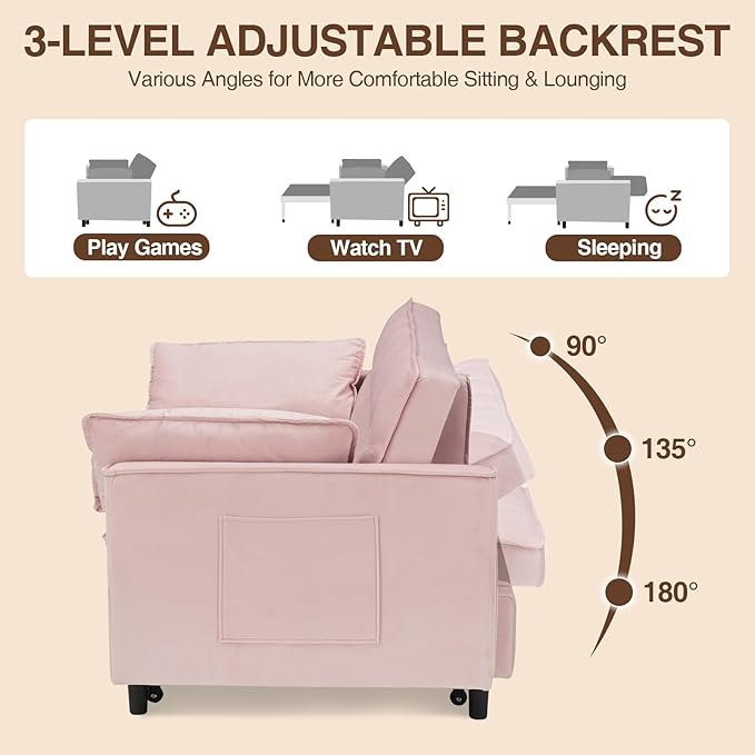 3 in 1 Convertible Sleeper Sofa Bed Modern Velvet Loveseat Pull-Out Couch w/Pullout Bed Small Love Seat Lounge Sofa w/Reclining BackrestToss Pillows Pockets for Living Room (Pink 55.1)