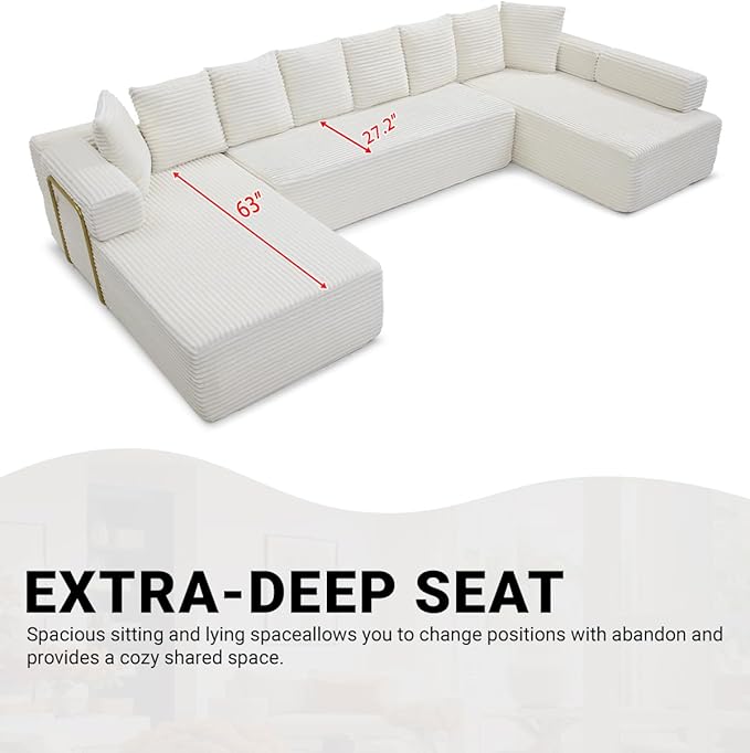 145 Oversized Cloud Boneless Sectional Sofa with Chaise Corduroy U Shaped Modular Couch with Deep Seat Fixed Frame Comfy Corner Sofa No Assembly Required (Beige)