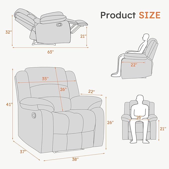 ANJ Recliner Chair Breathable PU Leather Reclining Chair Extra Wide Manual Recliners with Overstuffed Arm and Back Single Sofa Chair for Living Room Bedroom(Chocolate)