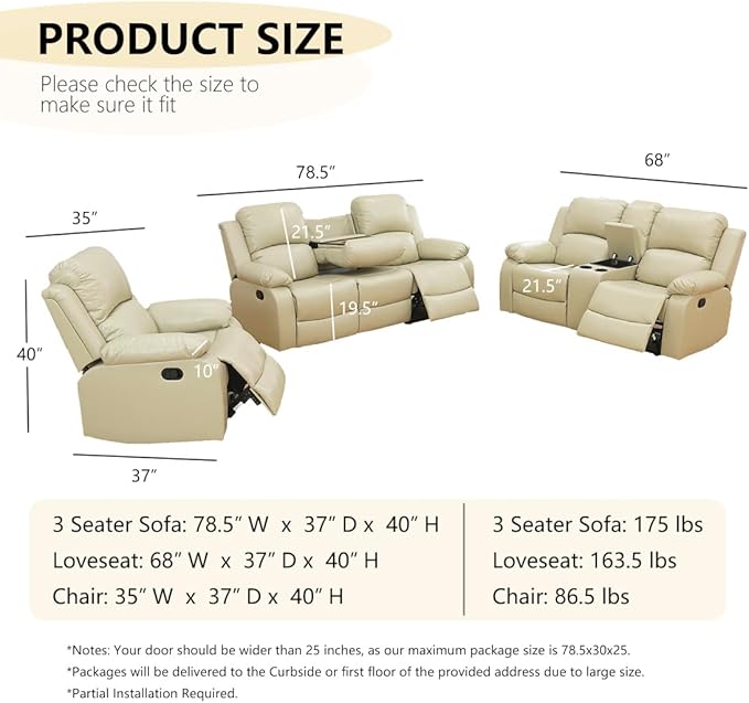 Manual Recliner Loveseat Modern Reclining Loveseat Sofa Living Room Furniture 2 Seater Faux Leather Recliner Sofa with Cup Holders/Storage Console for Living Room/Bedroom/Office/RV Beige