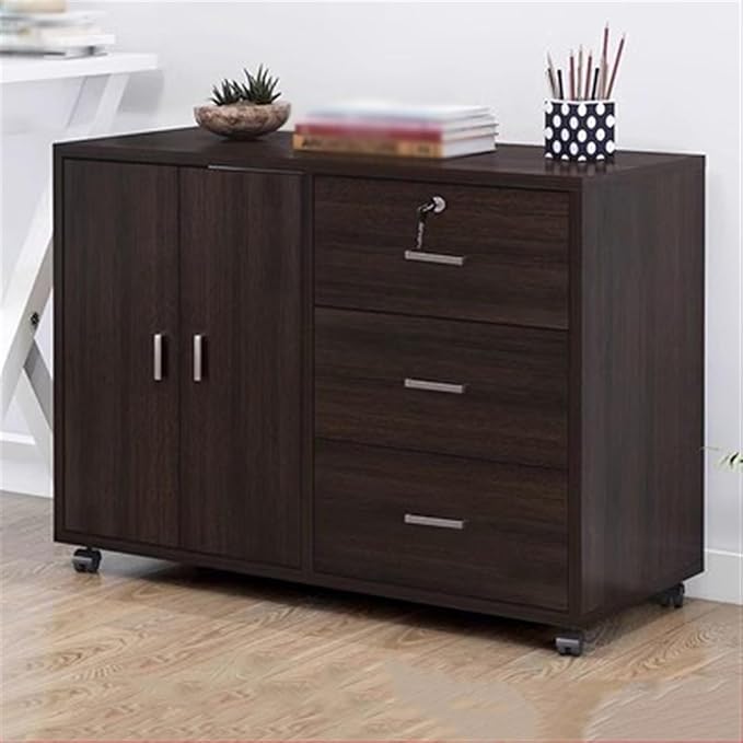 Wood File Cabinet with Three Drawers with Double Door Storage Filing Cabinet with Lock and Removable Rollers (Color : Bruin)