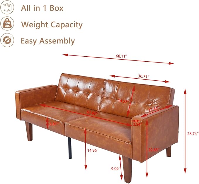 Faux Leather Adjustable Sofa Two-Seater Sofa with Wooden Legs Foldable Sofa Bed mid-Century Style Lounge Sofa Suitable for Apartments Living Room Bedroom Study Office Lounge Brown