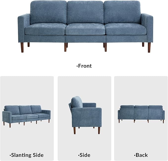 Kingfun 91.7 3 Seater Sofa with Chair Chenille Couch Mid Century Modern Couches with Solid Wood Legs for Living Room &amp Bedroom Light Blue