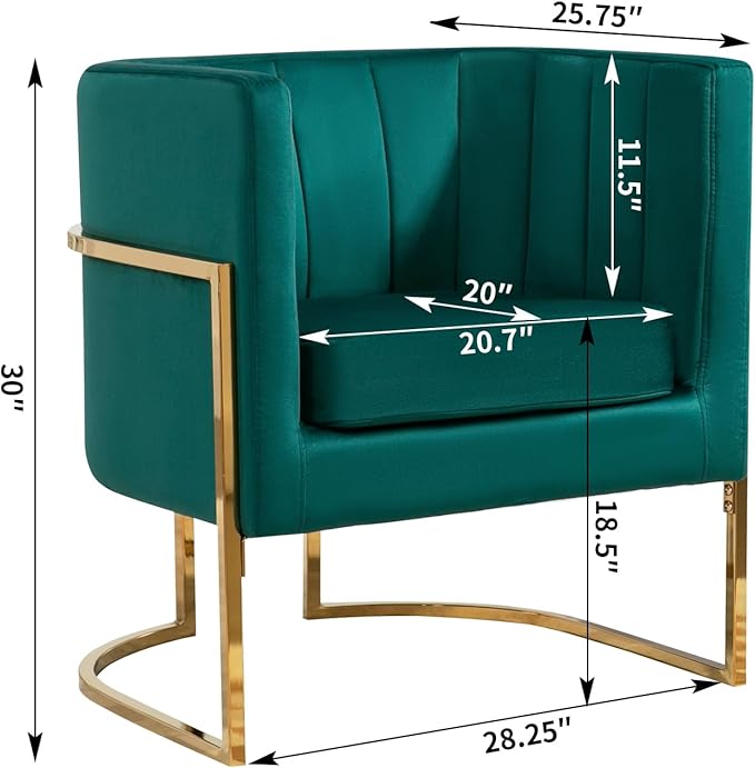 Velvet Modern Accent Chairs Set of 2 Upholstered Barrel Armchair Mid Century with Pillow for Living Room Comfy Single Vanity Chair with Metal Gold Legs for Bedroom Green