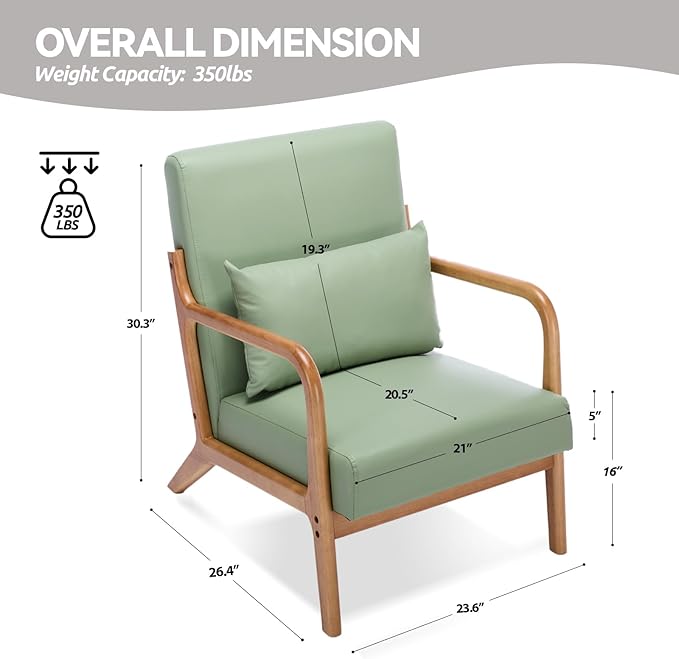 Mid Century Modern PU Leather Accent Chair Living Room Chairs with Lumbar Pillow Boho Arm Chiar Reading Chair with Solid Wood Frame for Living Room Bedroom