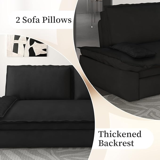 Rovibek 73 Pull Out Couch Queen Size 3 in 1 Convertible Sleeper Sofa Bed Velvet Convertible Sofa Bed Futon Loveseat Sleeper for Living Room Apartment Black