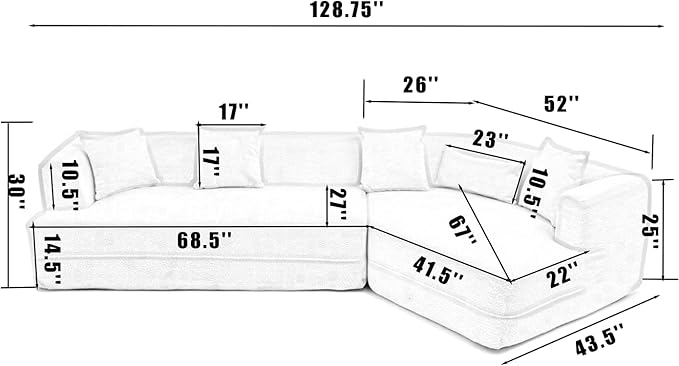 Merax 125 Large Sofa Couch 2 Piece Free Combination Modern Modular Upholstered Sectional Corner Sofa with Pillows and High-Density Foam for Living Room Bedroom Salon Cream White
